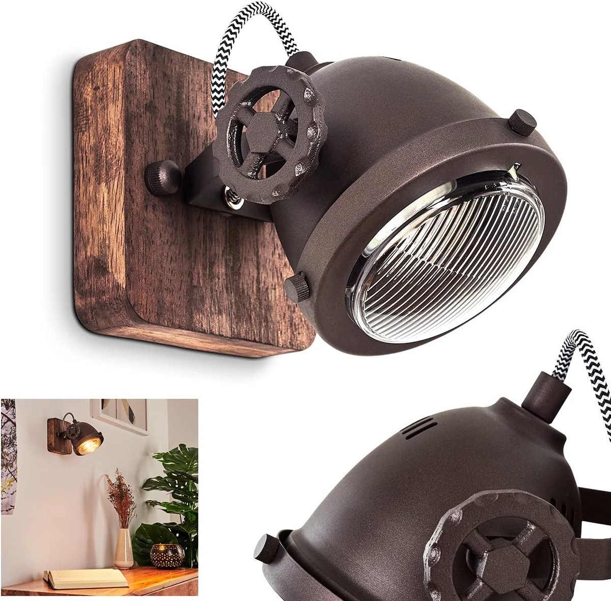 Herford, 1-lamps kamerlamp van metaal en hout in bruin met glazen kap, spot draaibaar en zwenkbaar, 1 x GU10, zonder gloeilamp