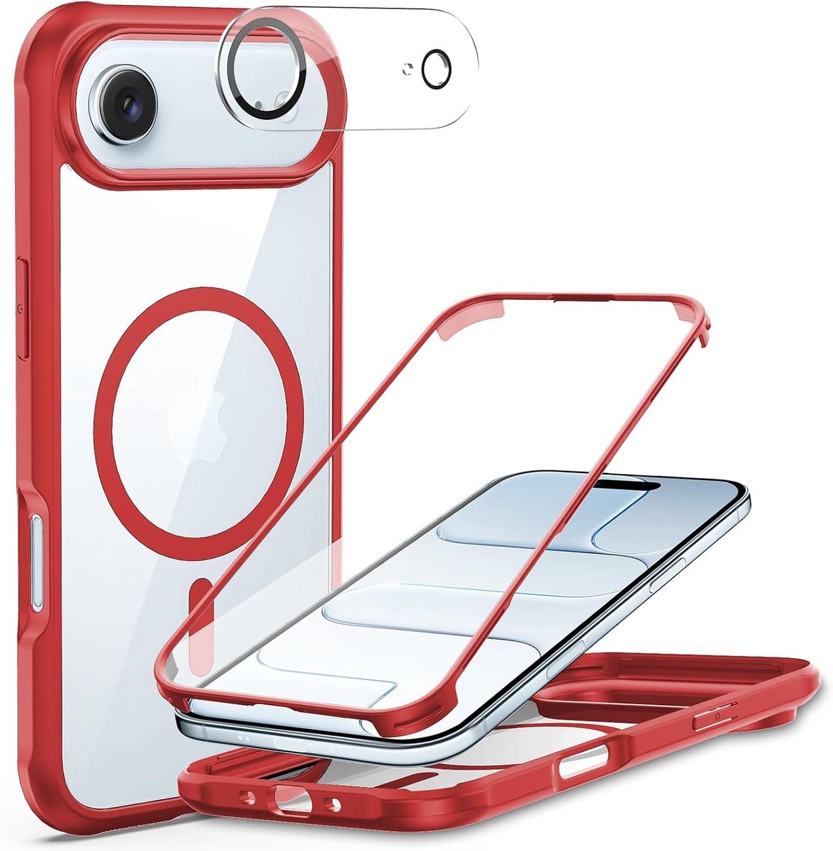 Hoesje Magnetic iPhone Air, met Ingebouwd Beschermglas und 2 Stuks Camera Lens Protector, 360° Full Protective Case, Shockproof Hoes voor iPhone Air 6.5" Rood