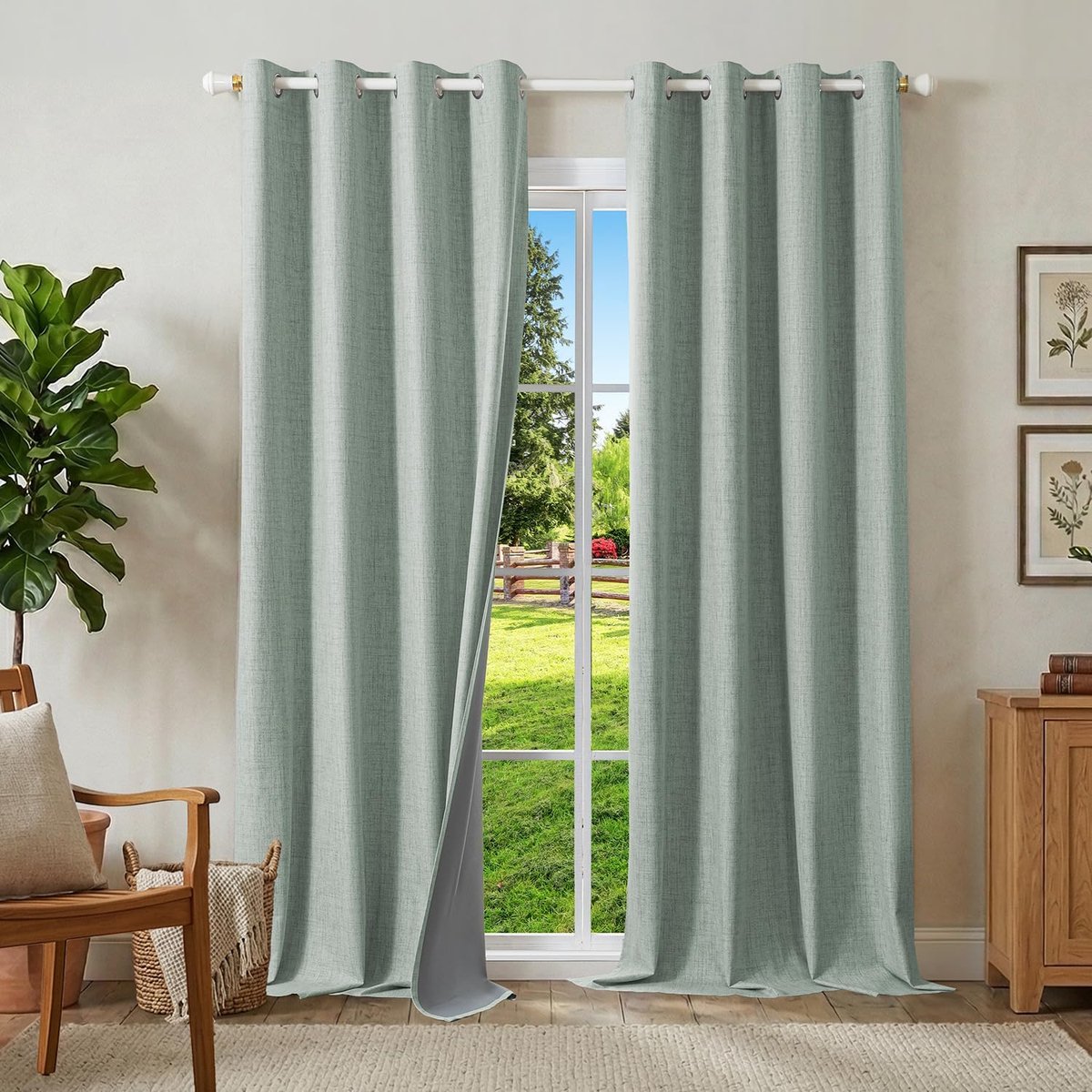 Linnen, 100% verduisteringsgordijnen met oogjes, set van 2, thermogordijn, hittebescherming, 280 x 140 cm (h x b), linnenlook, ondoorzichtig, saliegroen, geluidsisolatie voor