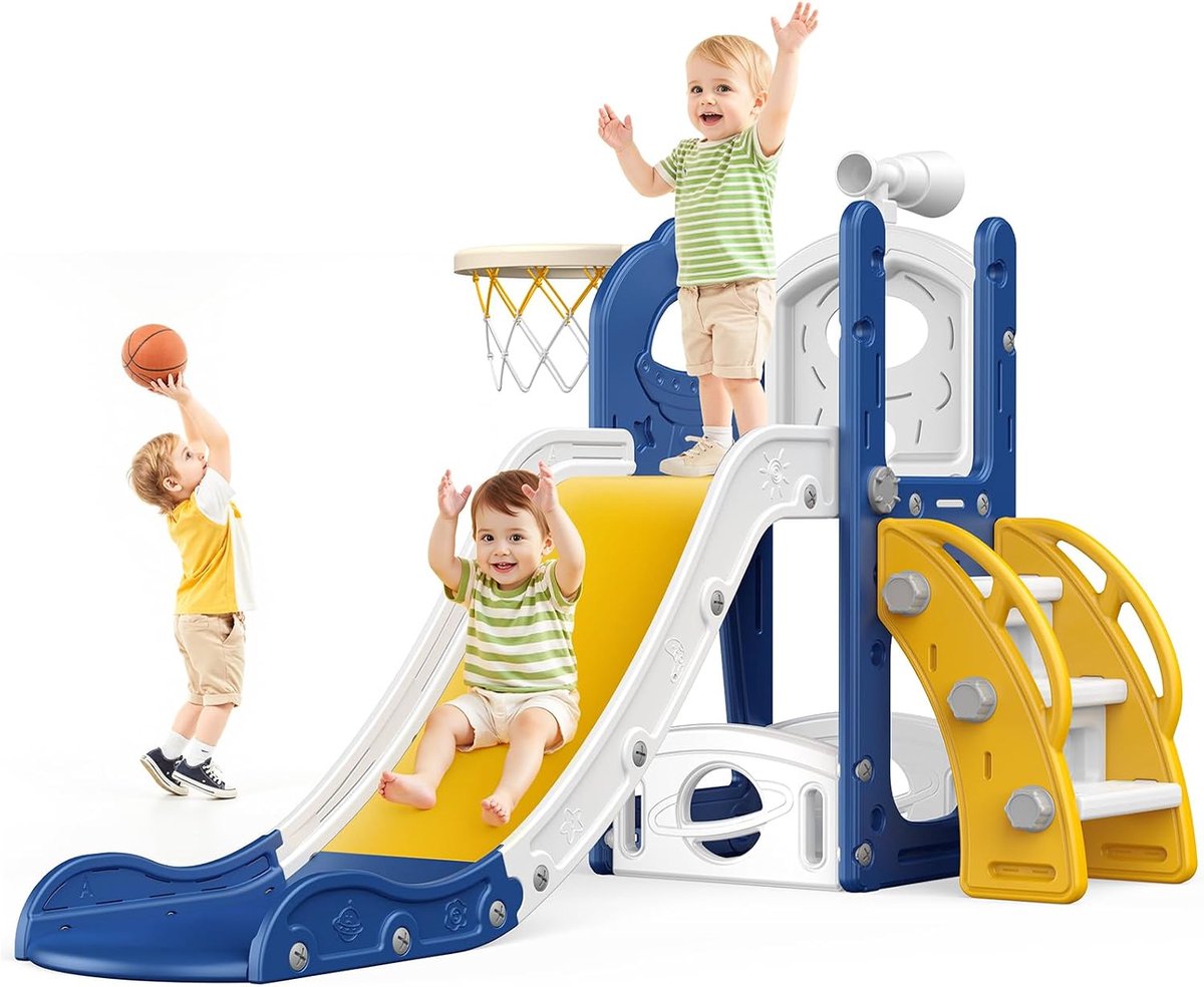Grote blauwe glijbaan voor kleine kinderen met basketbalmand, glijbaan voor peuters van 1 tot 3 peuters, klimer, glijbaan, speelset met opbergruimte, binnen en buiten, speelgoed voor