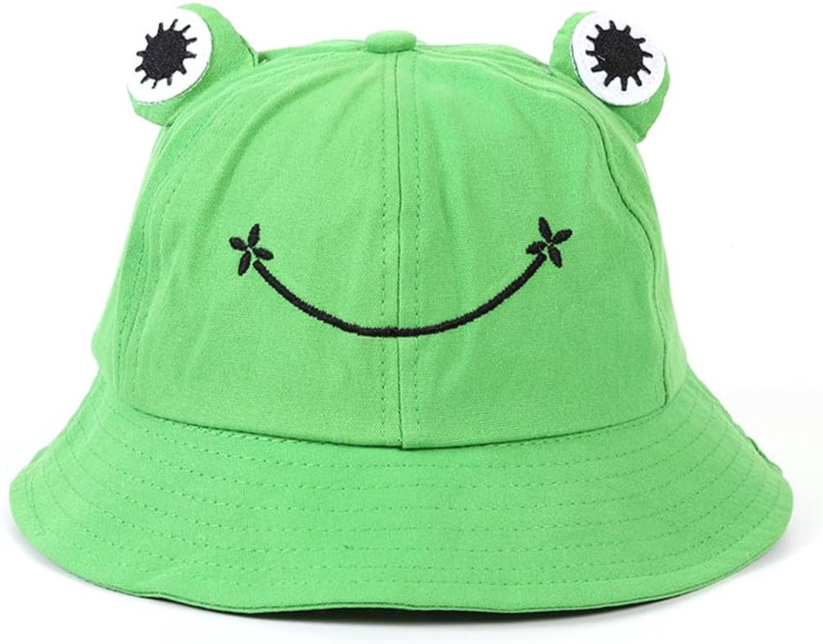 Buckethoed voor kinderen, grappige hoed met kikkerdesign, zomerhoed van katoen, groen (53-55 cm)