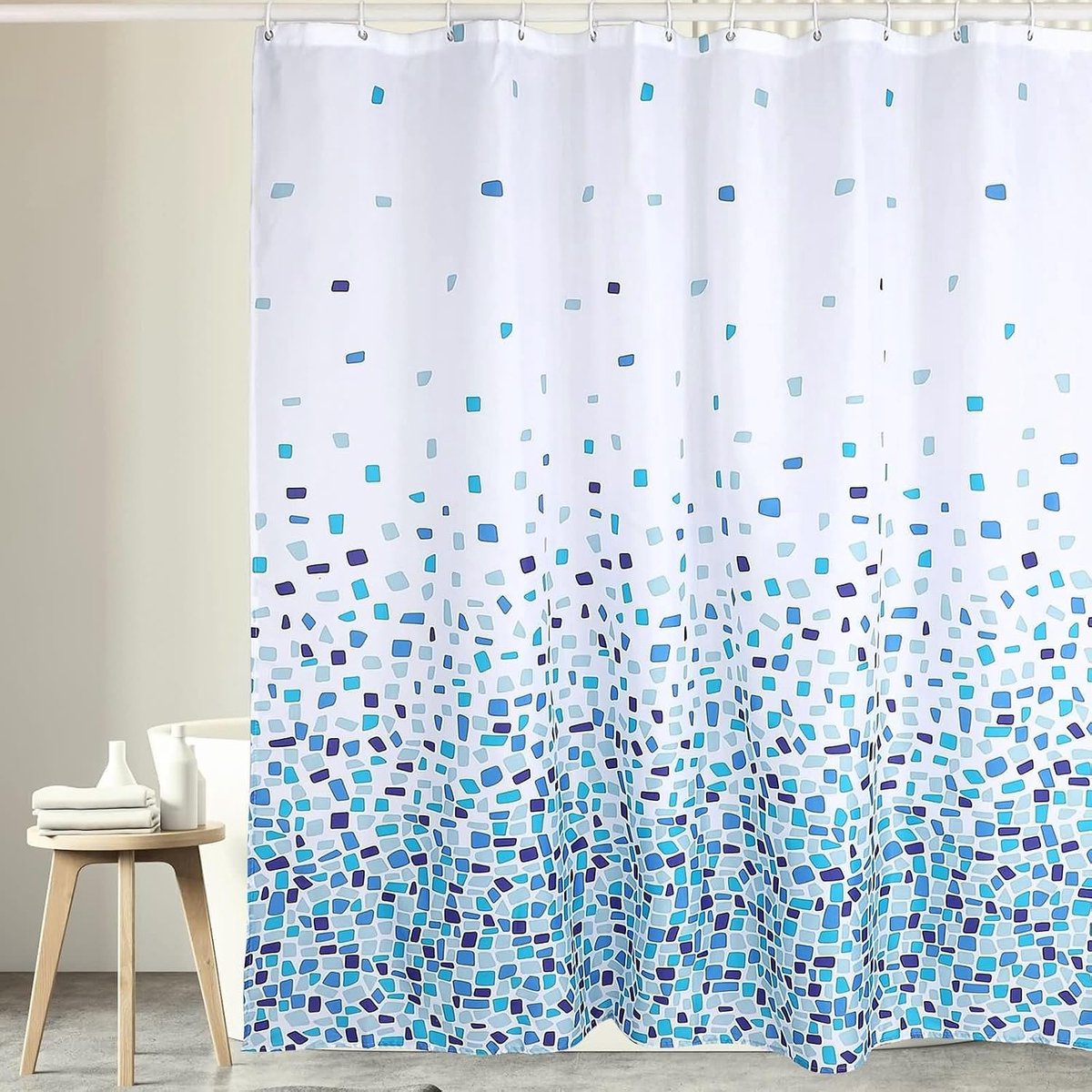 Douchegordijn van waterdicht polyester, blauw-wit mozaïekpatroon, 12 kunststof haken inbegrepen (300 x 200 cm), badkamergordijn, schimmelbestendig