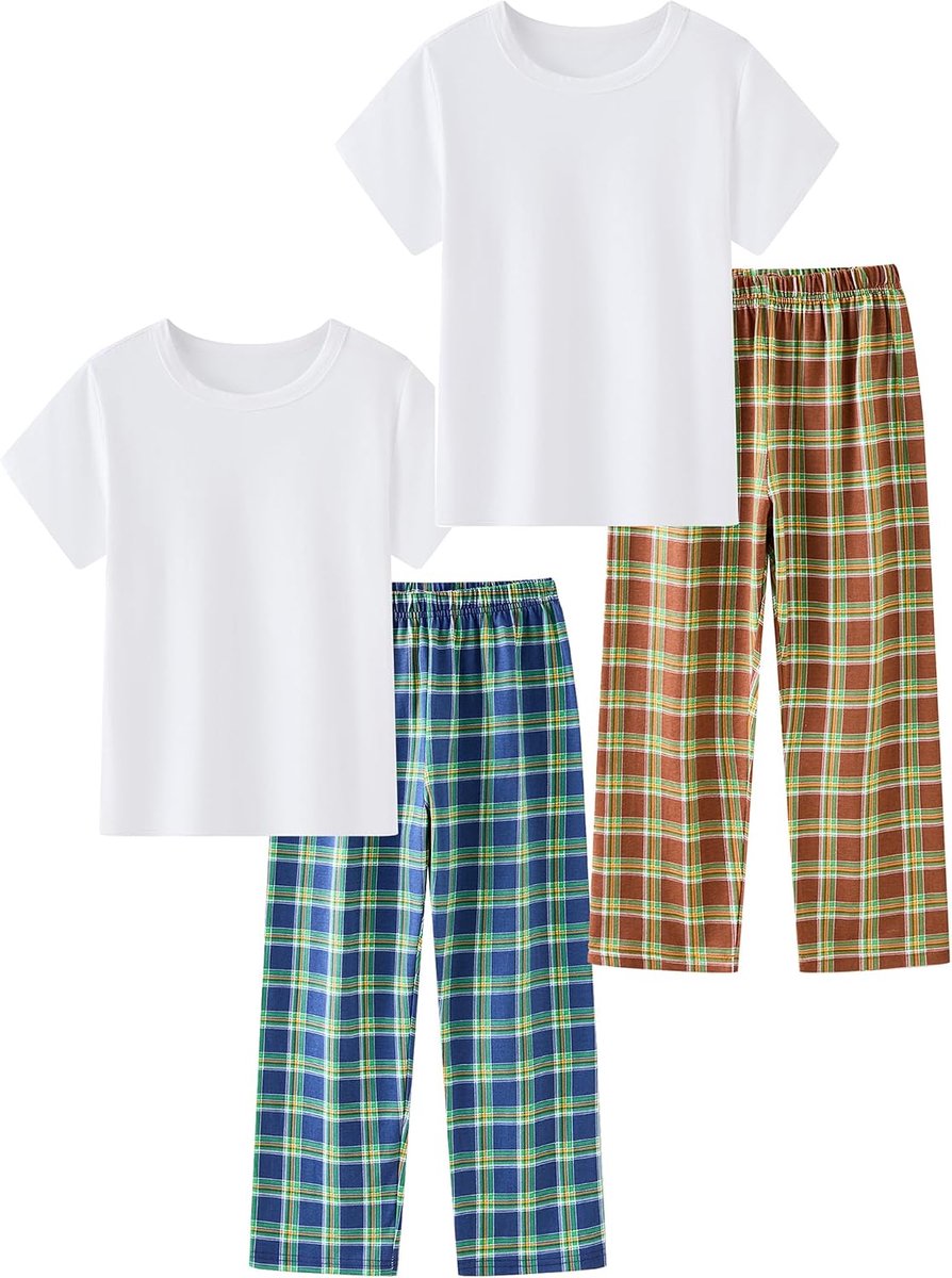 4-delige set, kinderkleding, stretch, geribbeld, katoen, nachtkleding, wit, top, geruite broek, nachtkleding, 3-11 jaar