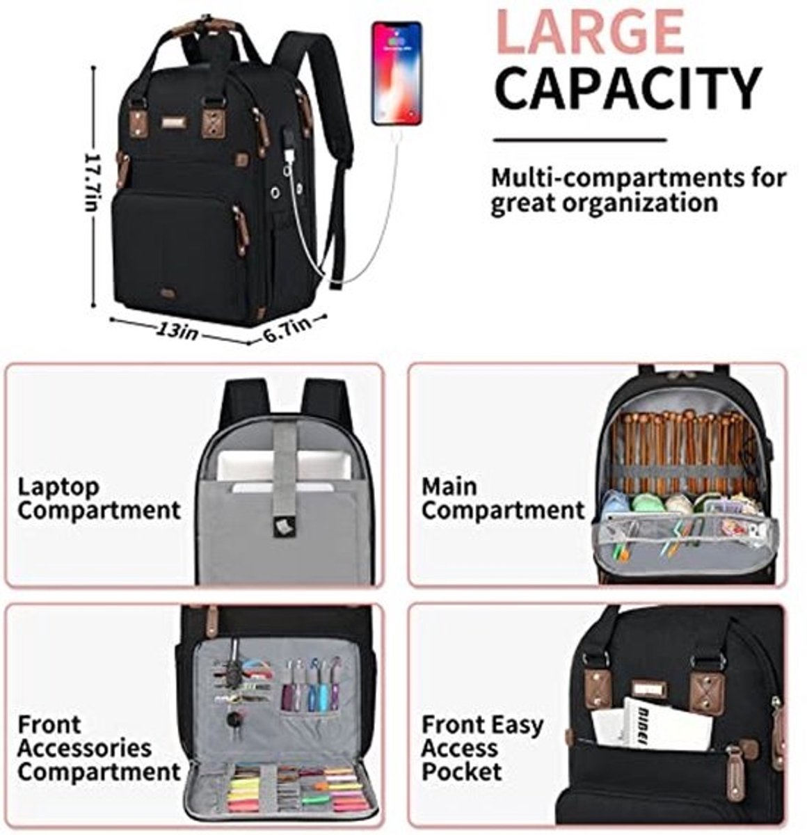 Duurzame gehaakte tas met USB-oplaadpoort - Organizer voor garen, breinaalden en projecten - Geschikt voor 15,6 inch laptops
