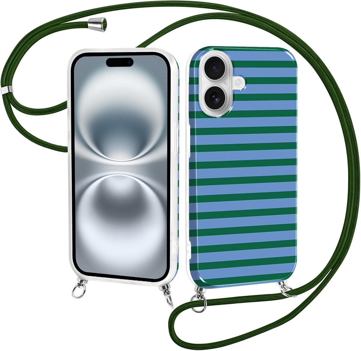 Telefoonhoes voor iPhone 16, 6,1 inch (15,5 cm), esthetisch blauw-groen gestreept motief, doorschijnende siliconen beschermhoes, halsketting om om te hangen, stootvast