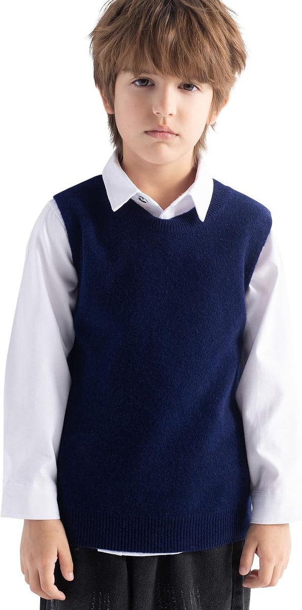 Gebreid vest voor jongens en meisjes, 100% merinowol, herfst, winter, casual, met ronde hals, mouwloos, gebreide trui