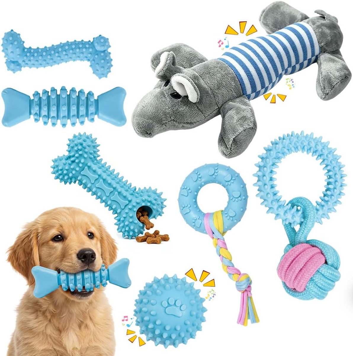 7 stuks puppyspeelgoedset, TPR, pluche, tandspeelgoed, kauwspeelgoed met pieper, interactieve rubberen puppyspeelgoedset, hondenspeelgoed tegen verveling, kauwspeelgoed, bal voor kleine honden