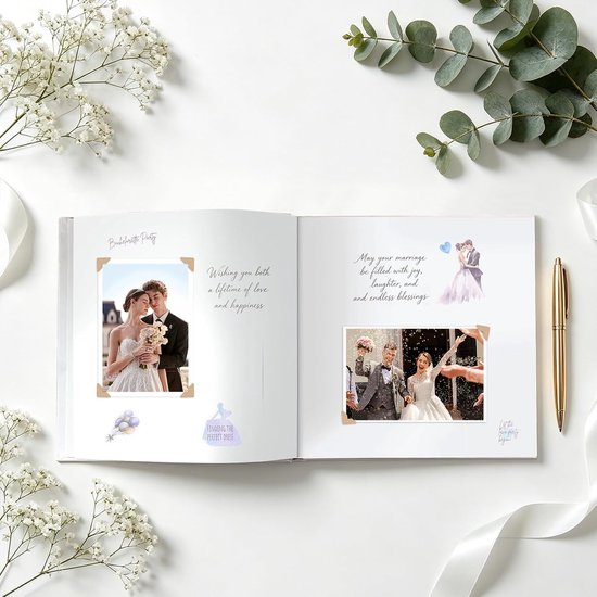 Gastenboek voor bruiloft, met 2 pagina's vaste fotostickers, hoogwaardig bruiloftsboek, hardcover met goudreliëf, afmetingen 21 x 23 cm, hoogwaardig gastenboek, 120 blanco pagina's, 6 pagina's — afbeelding 3
