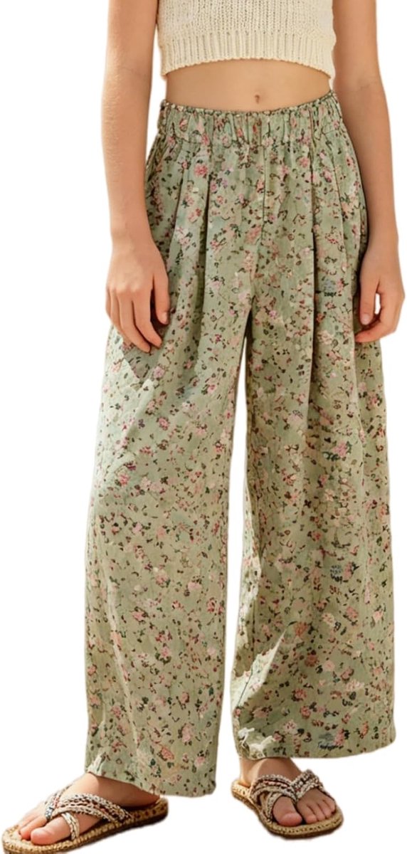 Meisjesbroek met wijde pijpen, vloeiende paperbag-stijl, elastische taille, zomer, palazzo broek met zakken voor losse pasvorm