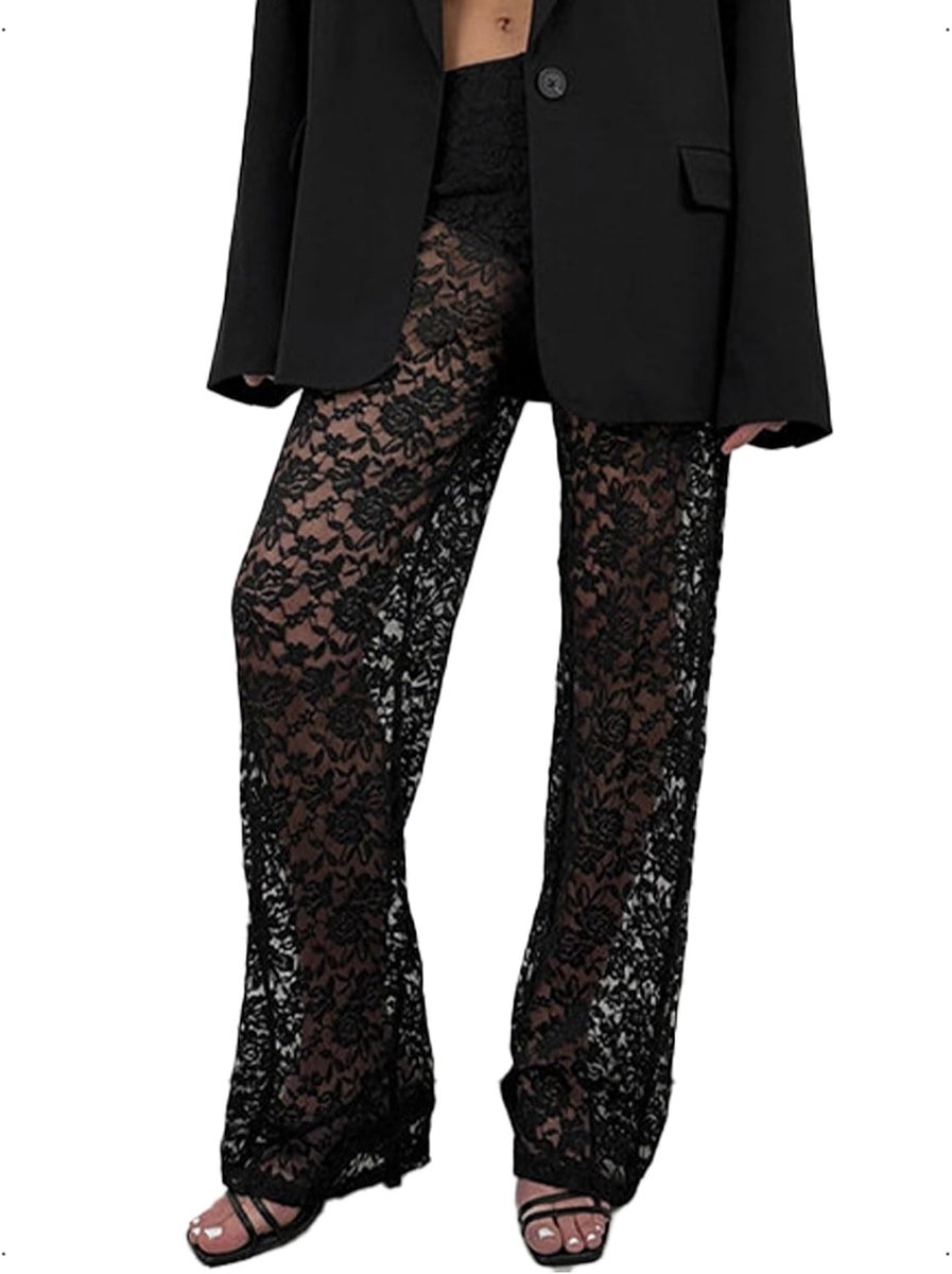 Transparant Kant Lang Sexy Doorschijnende Kanten Broek Zwart Met Elastische Tailleband Voor Feest Clubben Nachtclub Outfit S
