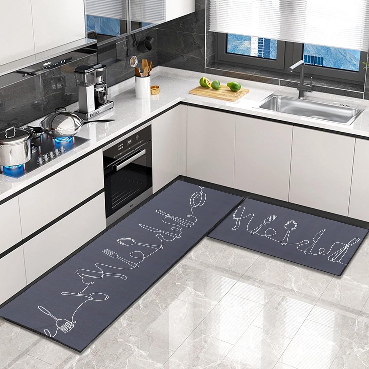 2 stuks keuken tapijten en matten, keuken vloermatten antislip wasbaar, voor keuken, hal, woonkamer, slaapkamer, grijs, 43x75+43x150cm