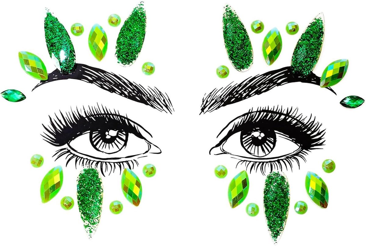 Tijdelijke tatoeages, gezicht edelstenen, strasssteentjes gezicht zelfklevend, glitterstenen gezicht festival voor vrouwen, Halloween, carnaval, party, muziek, make-up (groen)