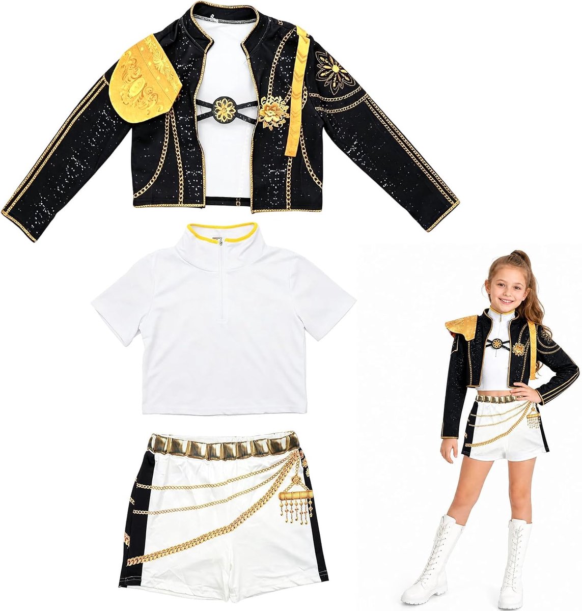 Zwart meisjesuniform, outfits set met jas, vest en shorts, Halloween-party, carnavalsoutfits, idool cosplay verkleding voor carnaval, Halloween, carnavalsfeest