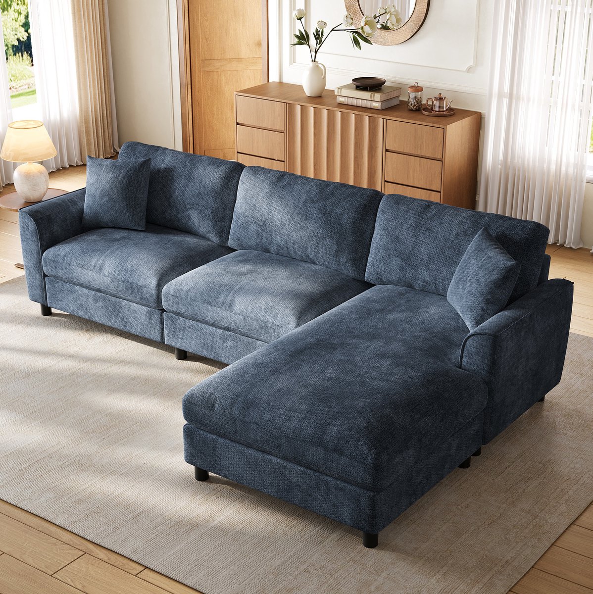 DESMIU Hoeksofa 256 cm - L-Vormige Omkeerbare Chaise Longue - 3-Zits Met Armleuningen - Voor Woonkamer En Ontspanning - Chenille Blauw Marineblauw