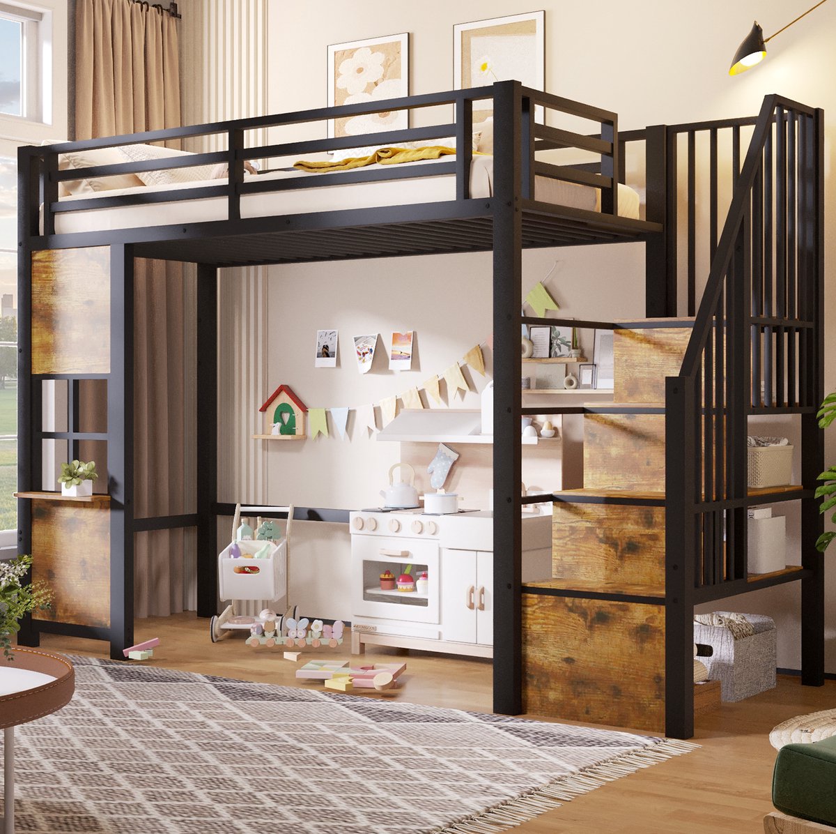 MODENUIT Hoogslaper - Trap met Opbergruimte - 90 x 200 cm - Metaal en MDF - Zwart-Wit - Valbeveiliging voor Kinderen