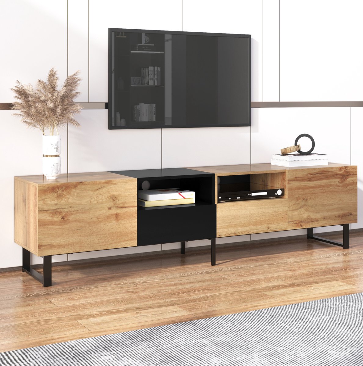MEUNIQ TV-meubel 190 x 38 x 48 cm met 2 deuren, 2 lades en open vak – modern MDF tv-kastje voor woonkamer in zwart en houtkleur