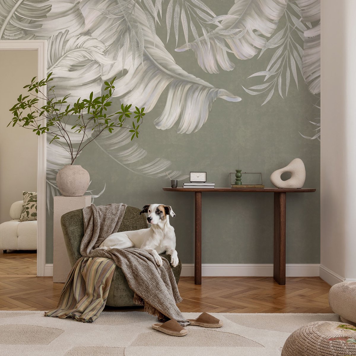 Coloray Vliesbehang - Grijs Snellijm Behang - 104x70 cm - Tere Bladeren Fotobehang Vlies - Hal behang Bloemen En Planten - Muurschildering - Woonkamer behang