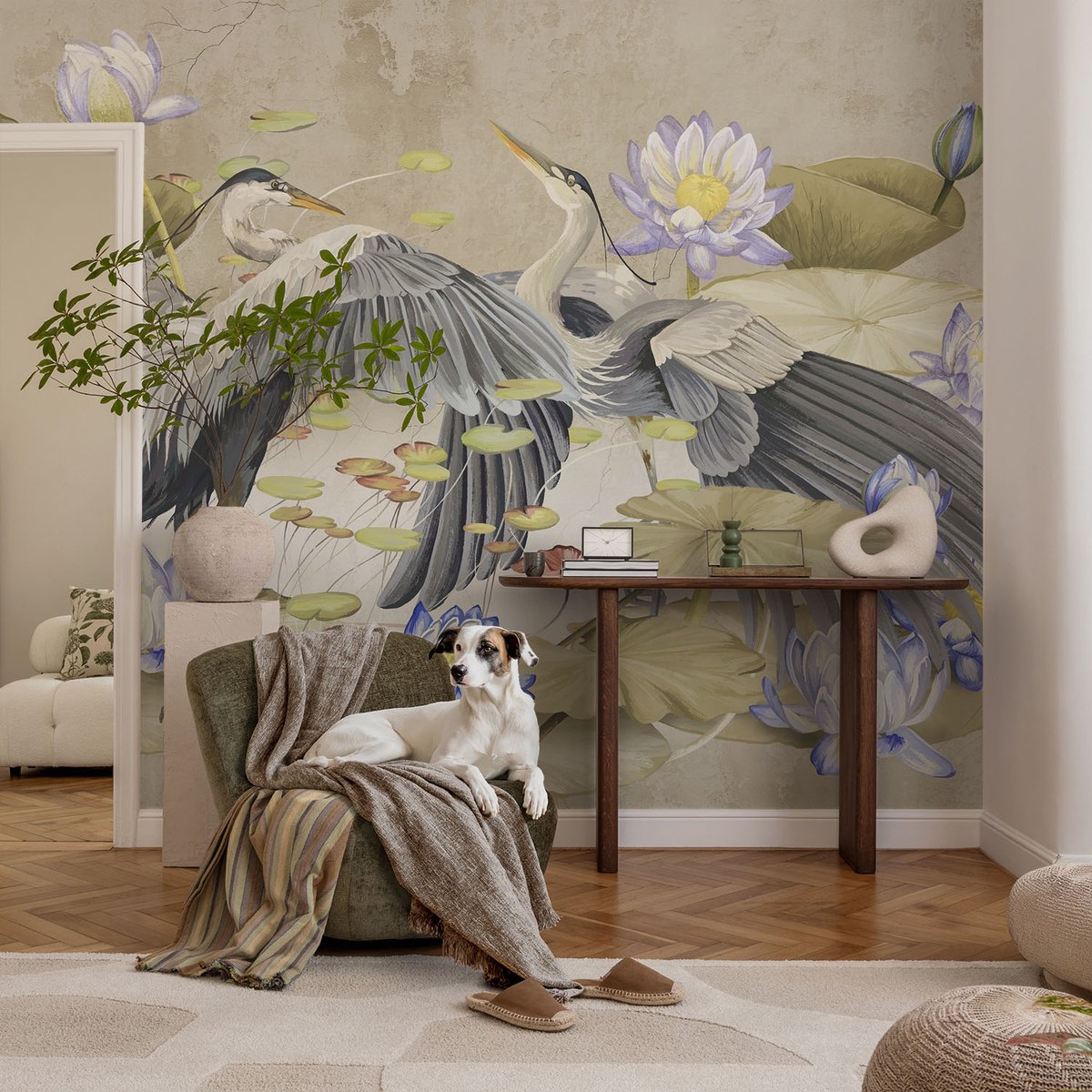 Coloray Vliesbehang - Beige Snellijm Behang - 104x70 cm - Vogels En Lelies Fotobehang Vlies - Hal behang Dieren - Muurschildering - Hal behang