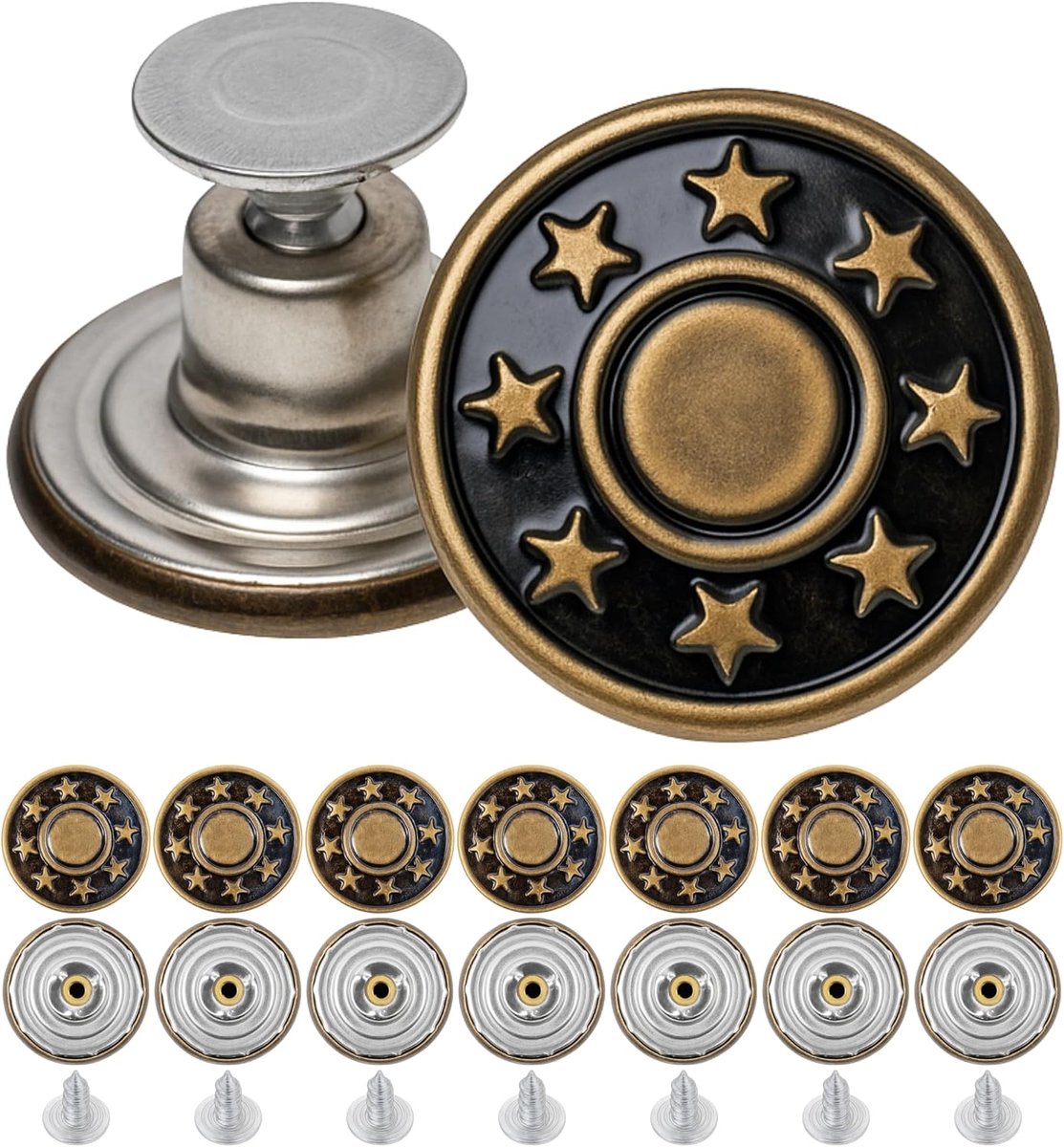 Knopen voor klinken, 20 stuks, Ø 20 mm messing jeansknopen, bronskleurig, jeansknoop met klinknagels, jeansknoop voor klinken, metalen broekenknoop, broeken breder maken