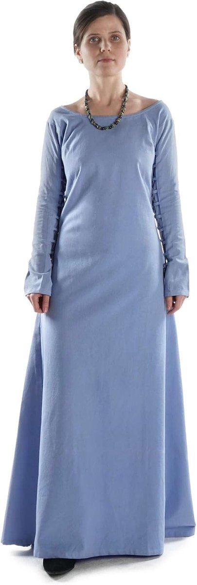 jurk fijn katoen veters armen rug A-lijn lang model: Hildegune, lichtblauw, XXL-3XL