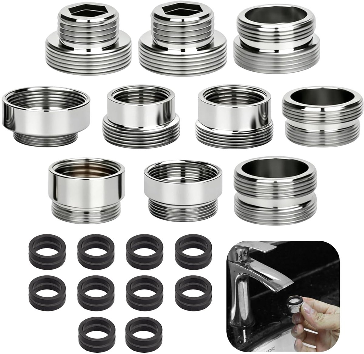 10 stuks kraanadapterset, universele adapter kraan met 20 afdichtingen, dubbele schroefdraad, wateraansluitadapter voor keuken, tuinslang