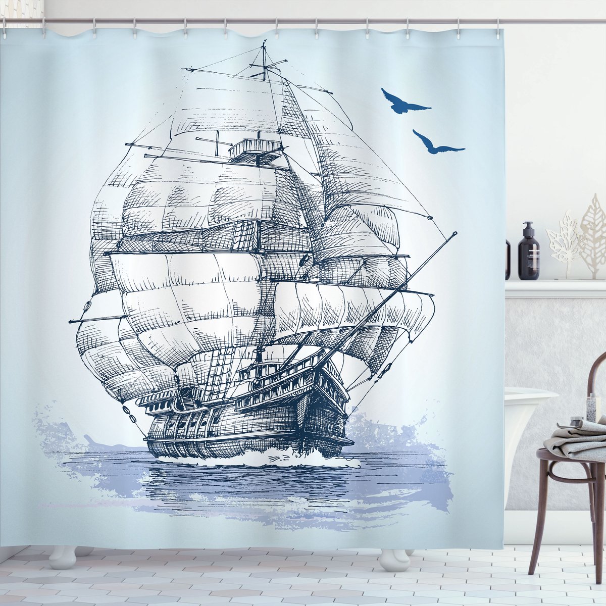 ABAKUHAUS Vintage Boat Douchegordijn, Oud Ship at Zee, Stoffen Badkamerdecoratieset met Haken, 175 x 240 cm, Babyblauw Donkerblauw