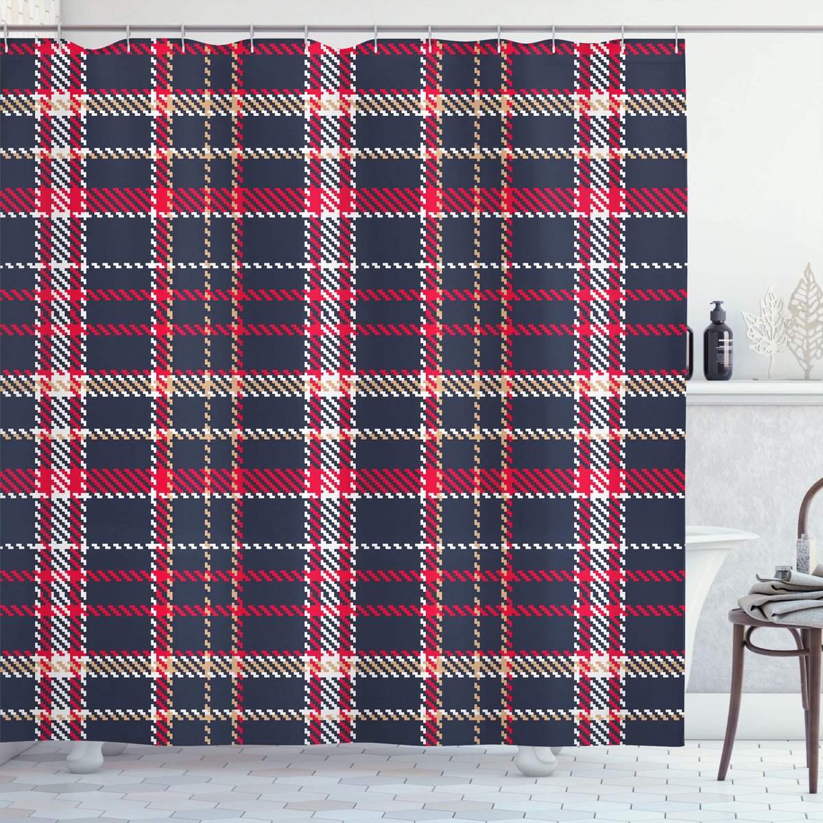 ABAKUHAUS Plaid Douchegordijn, Retro Englisch Klassiek, Stoffen Badkamerdecoratieset met Haken, 175 x 200 cm, Meerkleurig