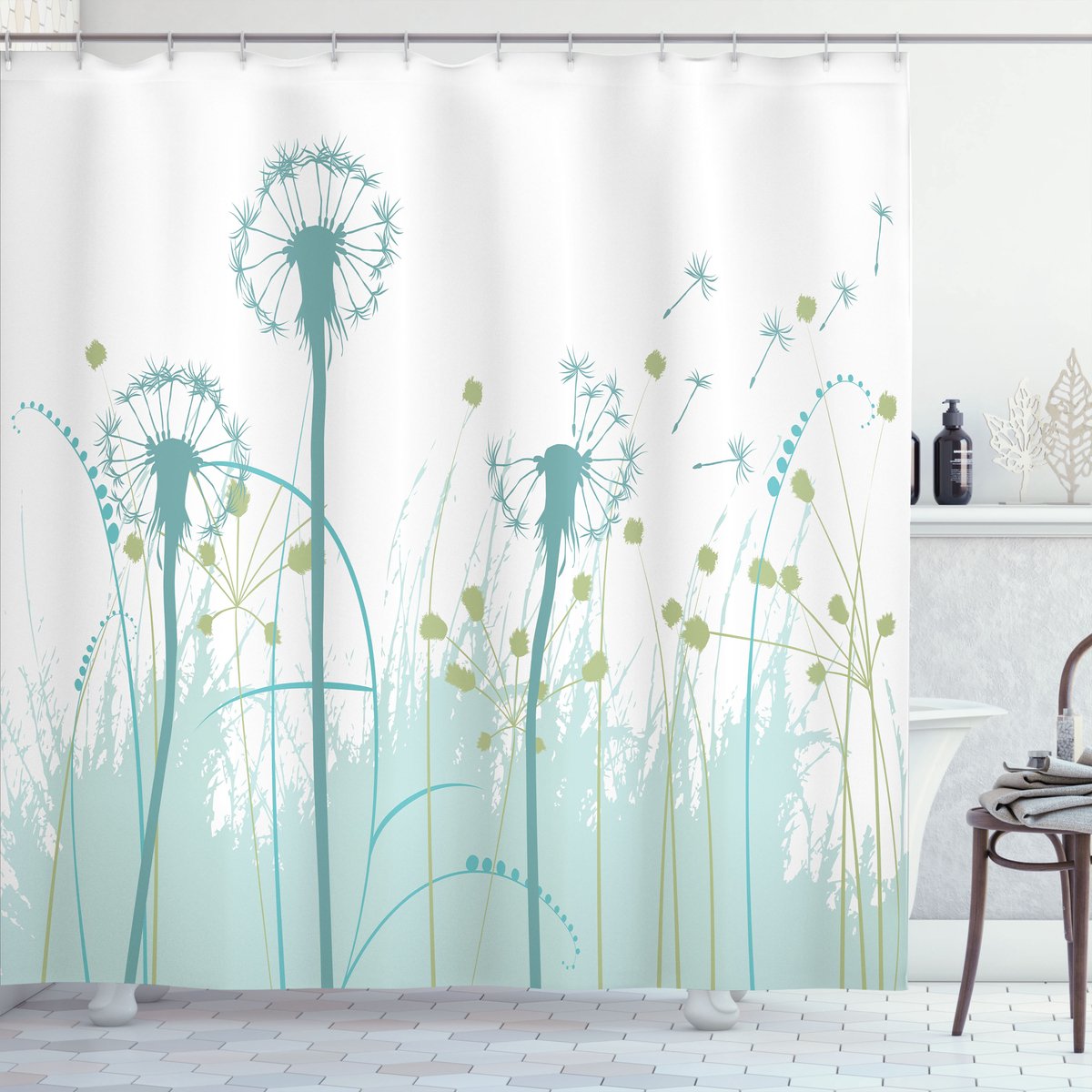 ABAKUHAUS Lente Douchegordijn, Bloemen Botanisch Bloesems, Stoffen Badkamerdecoratieset met Haken, 175 x 240 cm, Khaki Mandelgrün