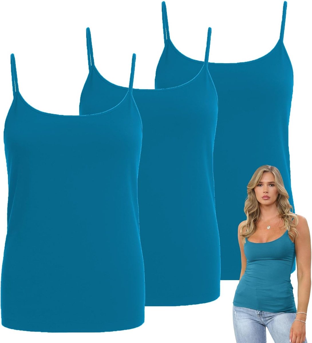 Mouwloze tanktops voor dames, set van 3, effen bodycon, ronde hals, vest, tops, dames, UK, casual, zomer, slanke getailleerde vesten, rekbare gymkleding, cami-top, Turkoois, 34-36