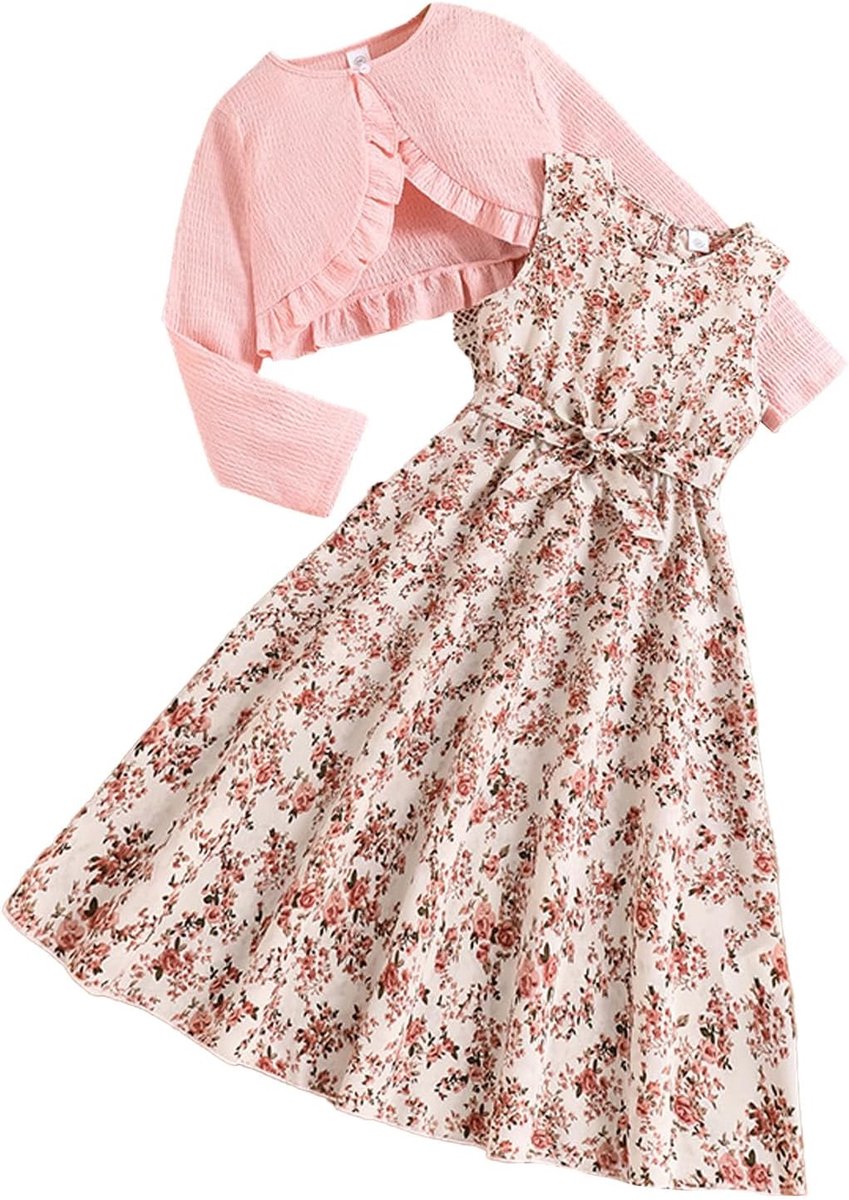 Bloemenjurk voor meisjes, met gebreide jas, 2-delige A-lijn, outfit, 7-12