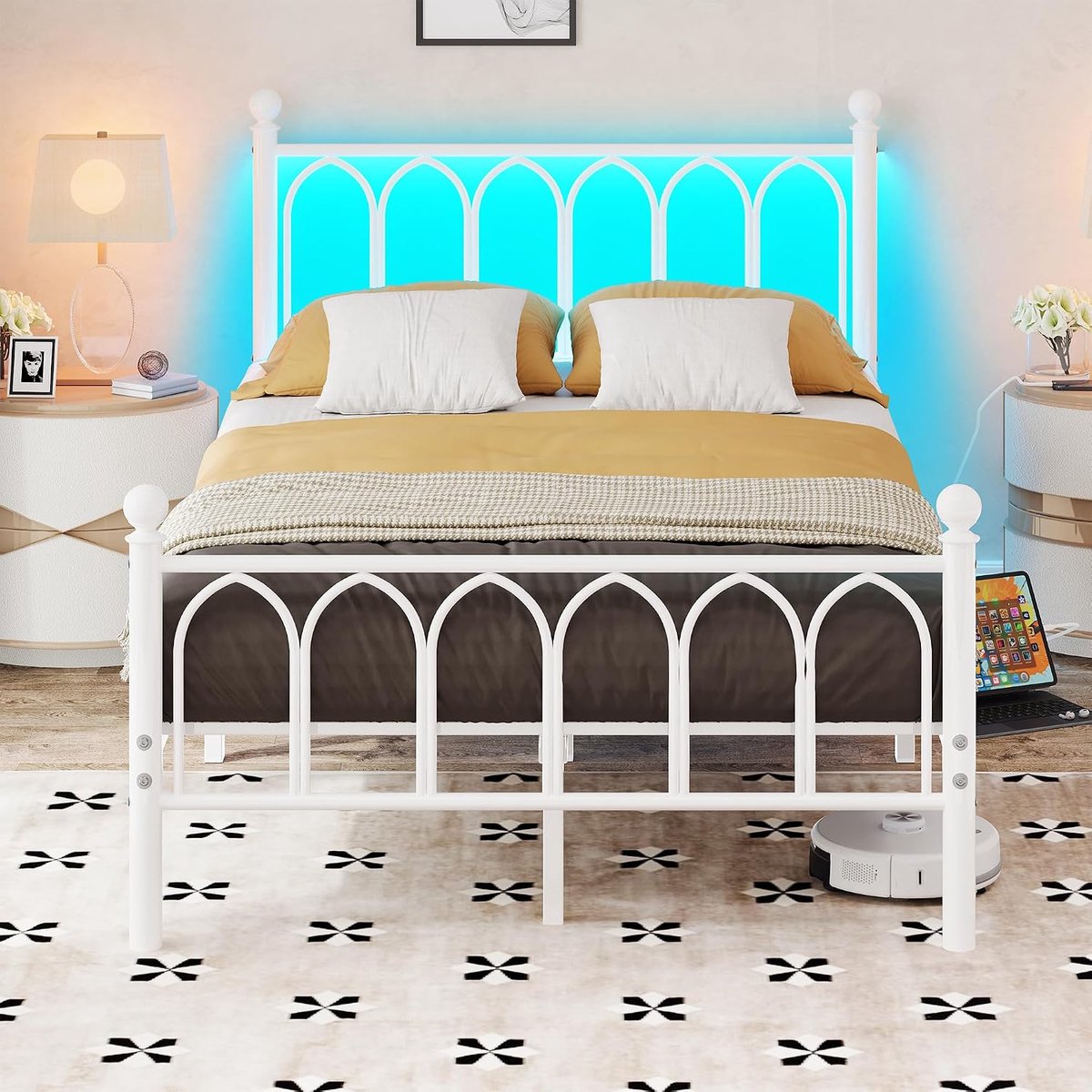 140 x 190 cm met lattenbodem van metaal, bedframe 140 x 190 cm met ledverlichting en laadstation, eenvoudige montage, tweepersoonsbed, modern design, met opbergruimte onder het bed, wit