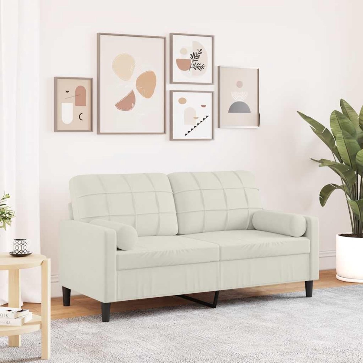 2-zitsbank, crème, 140 cm, fluweel met sierkussens, afneembare hoezen en metalen frame, voor woonkamer, zachte velours bank met bekleding