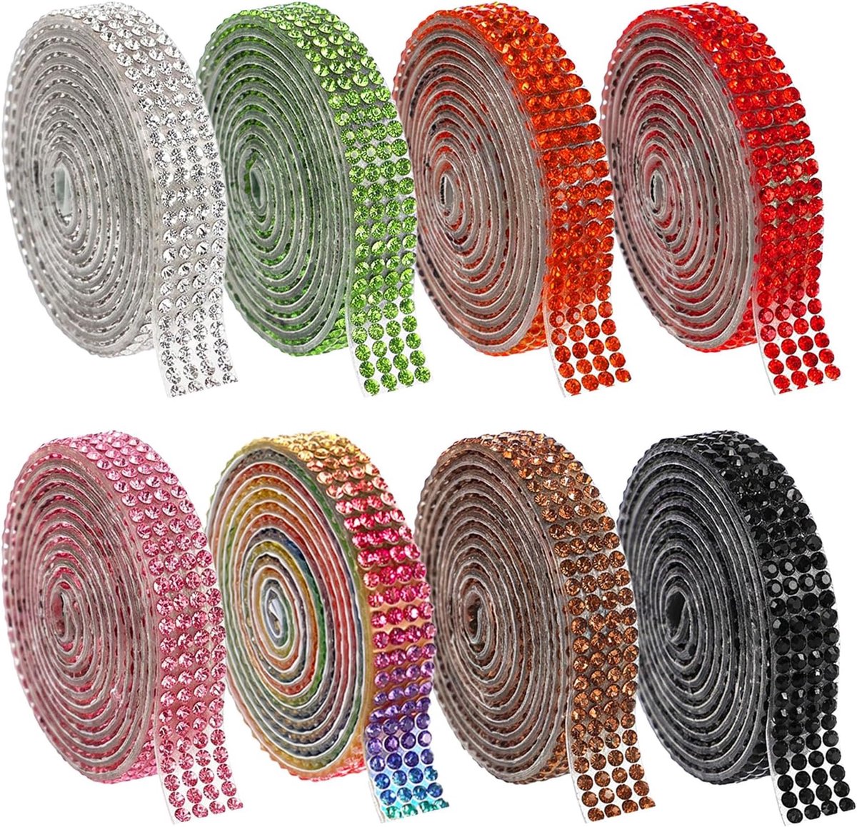 8 rollen glitterstenen, zelfklevend, 4-rijen glitterband, 8 kleuren
