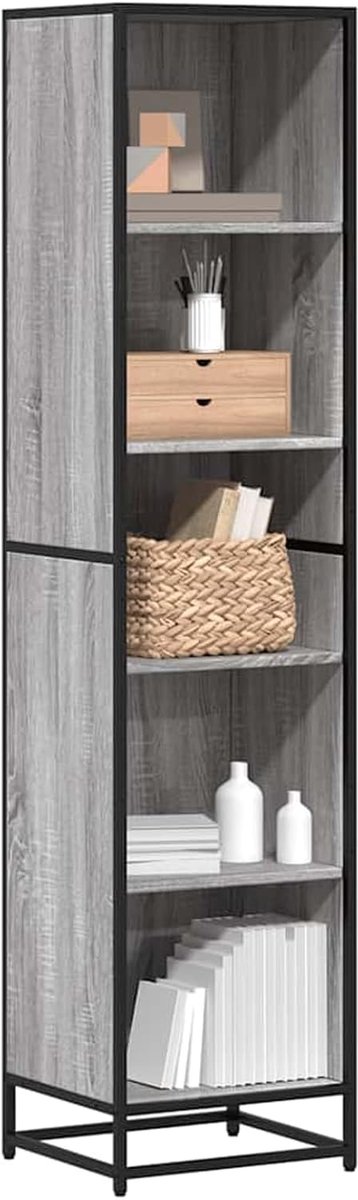Boekenkast met 5 planken, grijs Sonoma, 40 x 35 x 170,5 cm, houtmateriaal en metalen frame voor moderne inrichting