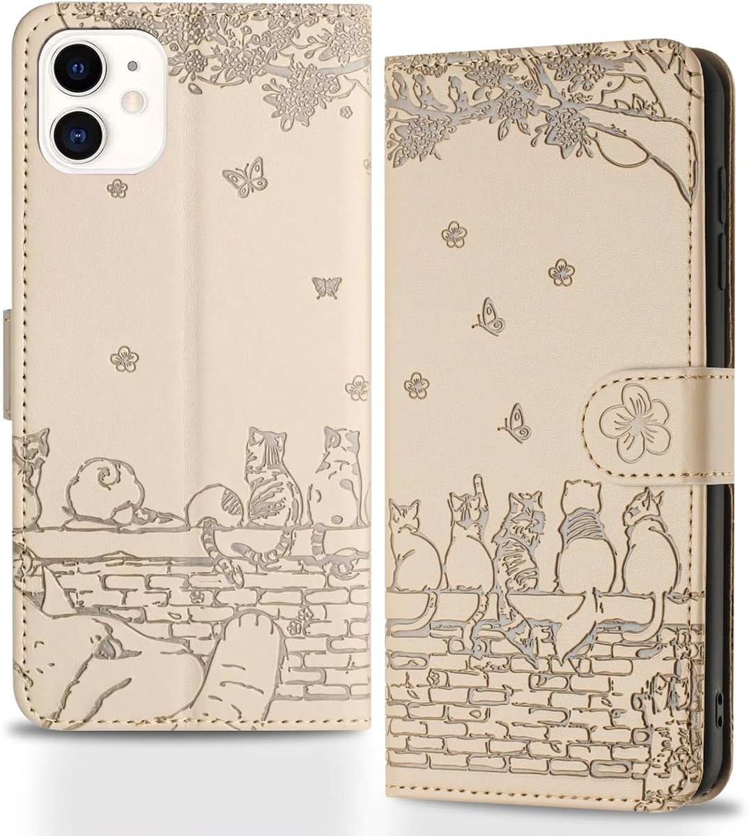 Telefoonhoes voor iPhone 12/iPhone 12 Pro, Zaunkatzen klaphoes, geprent PU-leer portemonnee beschermhoes, flip case, magnetische klaphoes met kaartenvak en standfunctie, Beige/Khaki