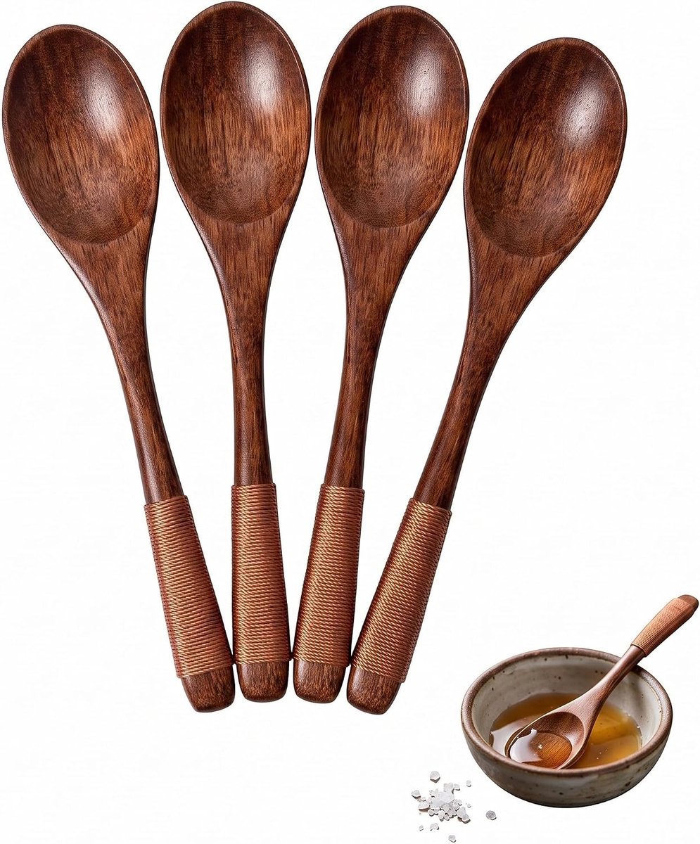 4 stuks handgemaakte houten lepels, Nanmu natuur, soeplepel, roeren, koken, warme chocolade, koffie, thee, keukenaccessoires (klein) (bruin)