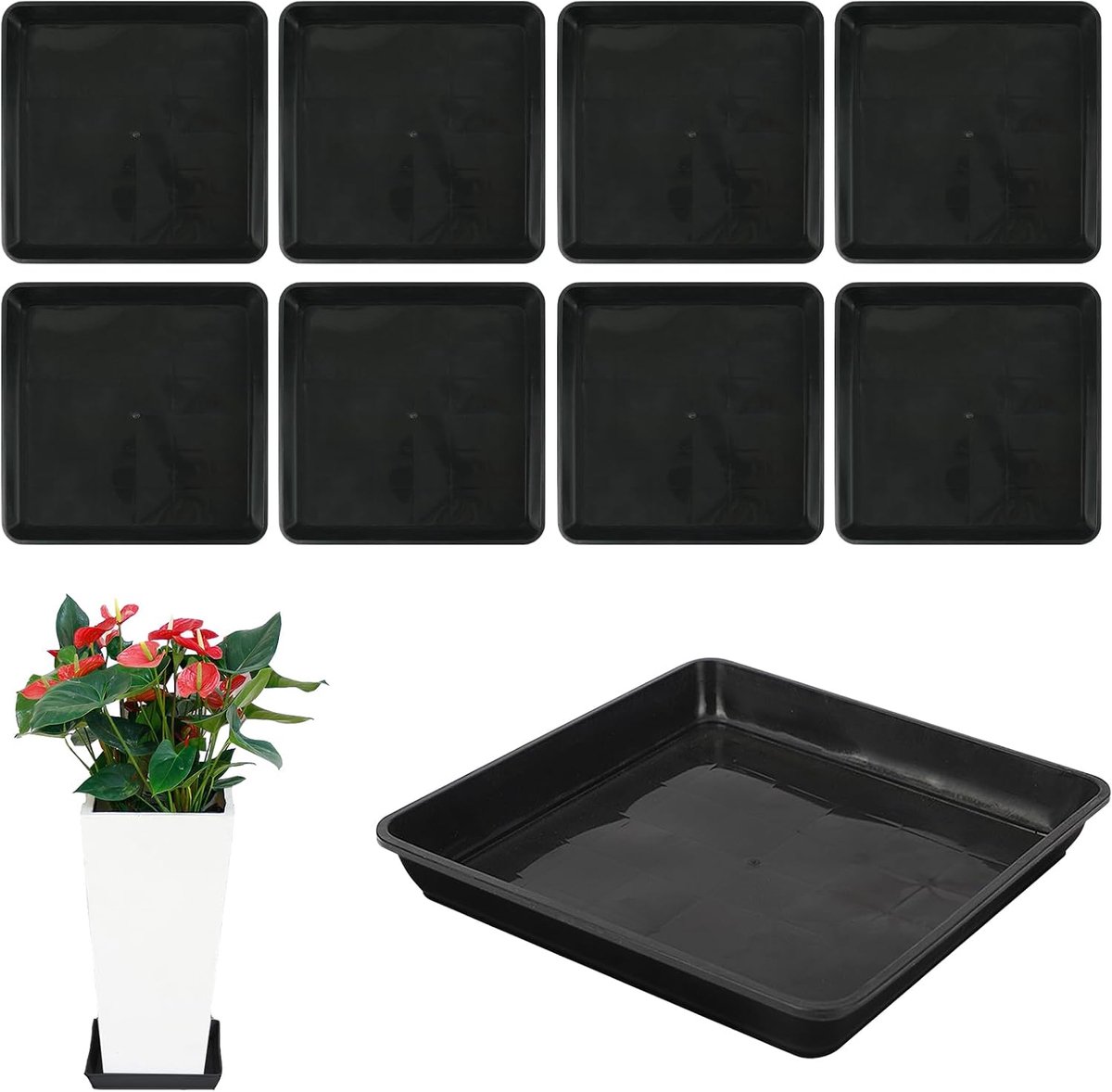 Set van 8 onderzetters voor bloempotten van kunststof: bloemenonderzetters, plantenbak, rechthoekig, plat, versterkte vierkante bloempotonderzetter, druppelbakjes voor binnen en buiten (29 x