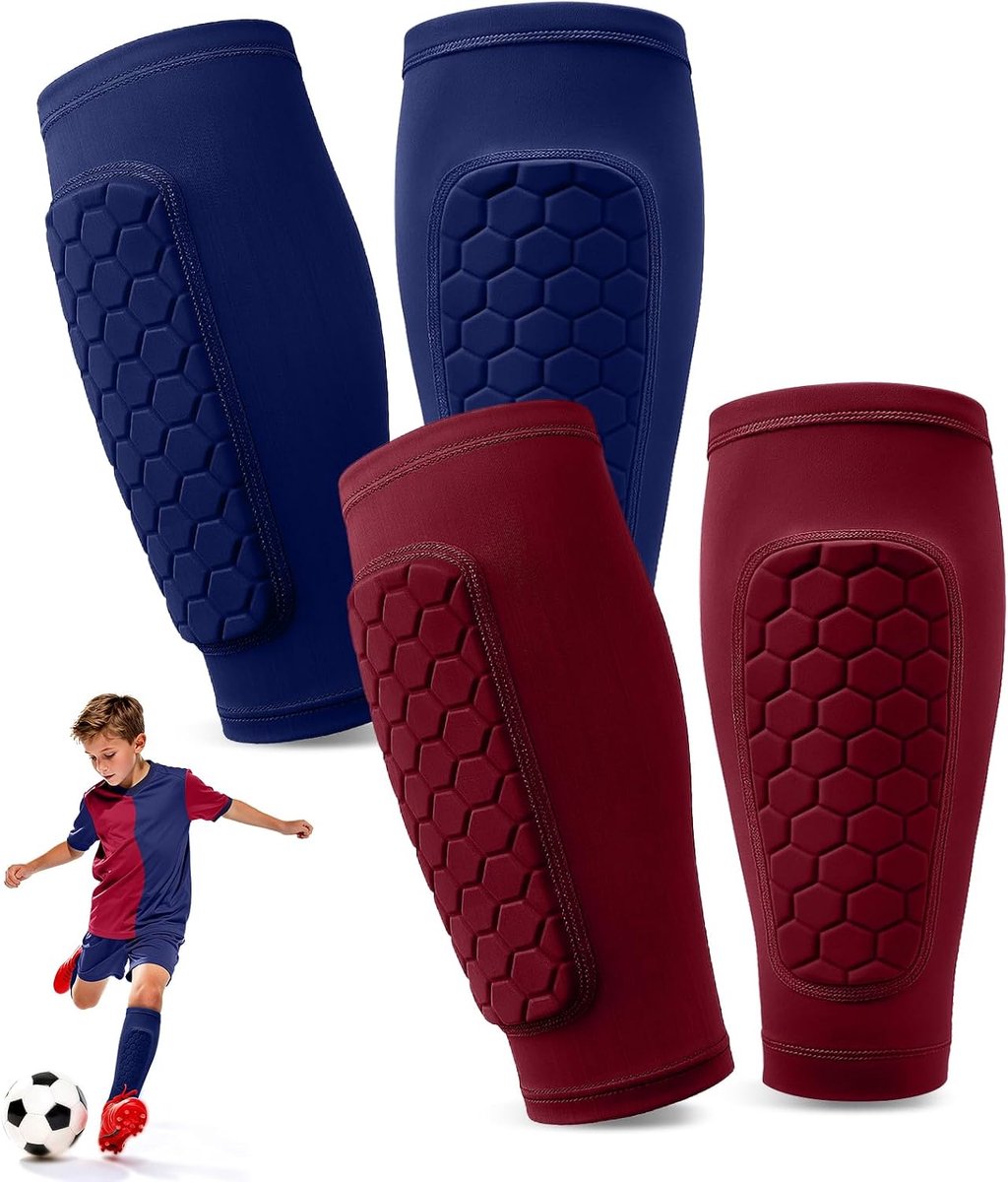 Scheenbeschermers voor Kinderen, Kuitbescherming Ademend en Antislip, Voetbal Scheenbeschermers met Honingraatstructuur voor Jongeren en Voetballiefhebber