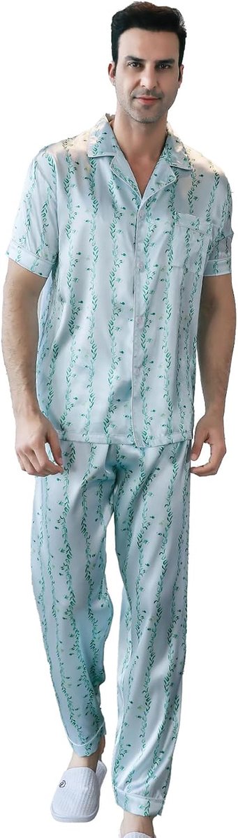 pyjama voor heren, set met korte mouwen, zijdeachtige pyjamabroek, premium button down, nachtkleding, veelkleurig, zijdeachtige pyjamaset voor heren