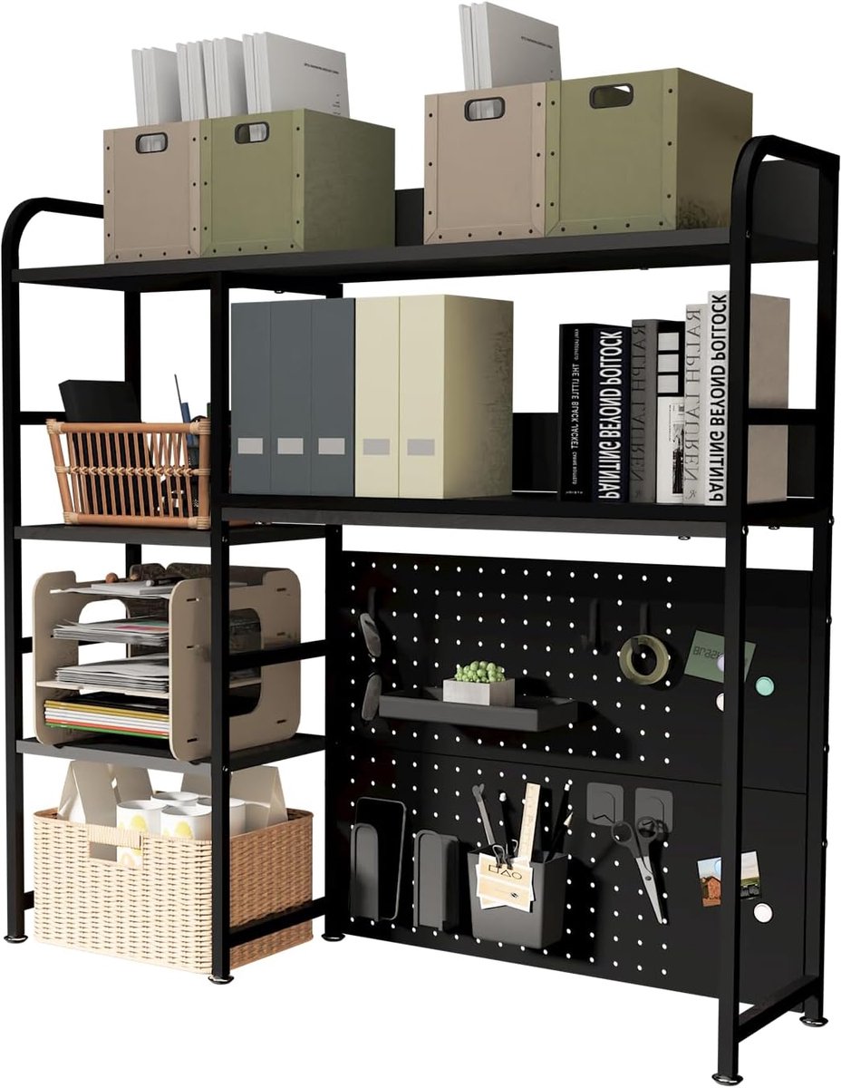 2-Tier Desk Shelf met opslagrek, Zwart 95CM, Desktop Organizer met Pegboard