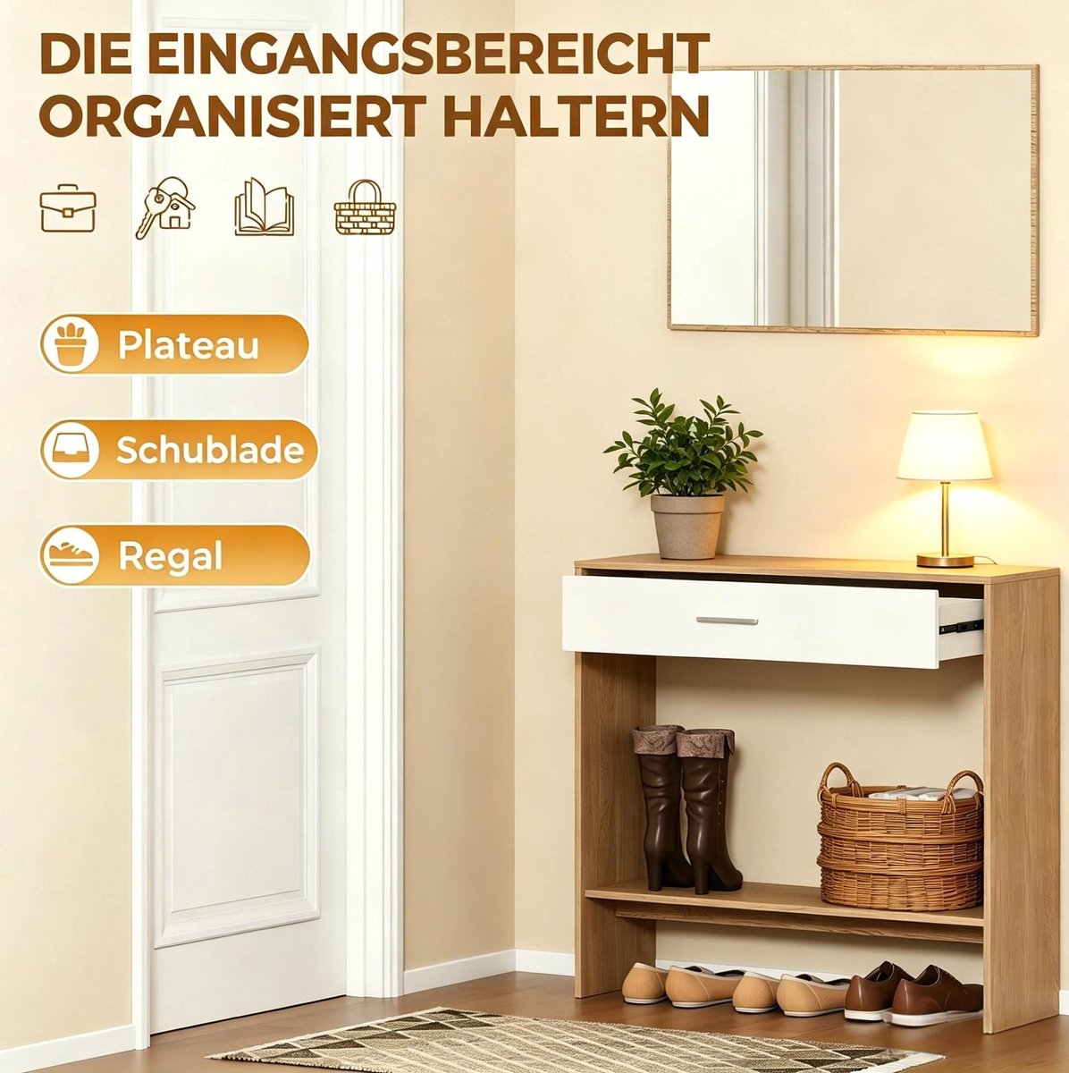 FloraGrace Sidetable - Entreetafel Met Spiegel, Lade En Open Vak - Voor Een Opgeruimde Hal - Spaanplaat - 91,5x27,9x85,5 Cm - Eiken Wit
