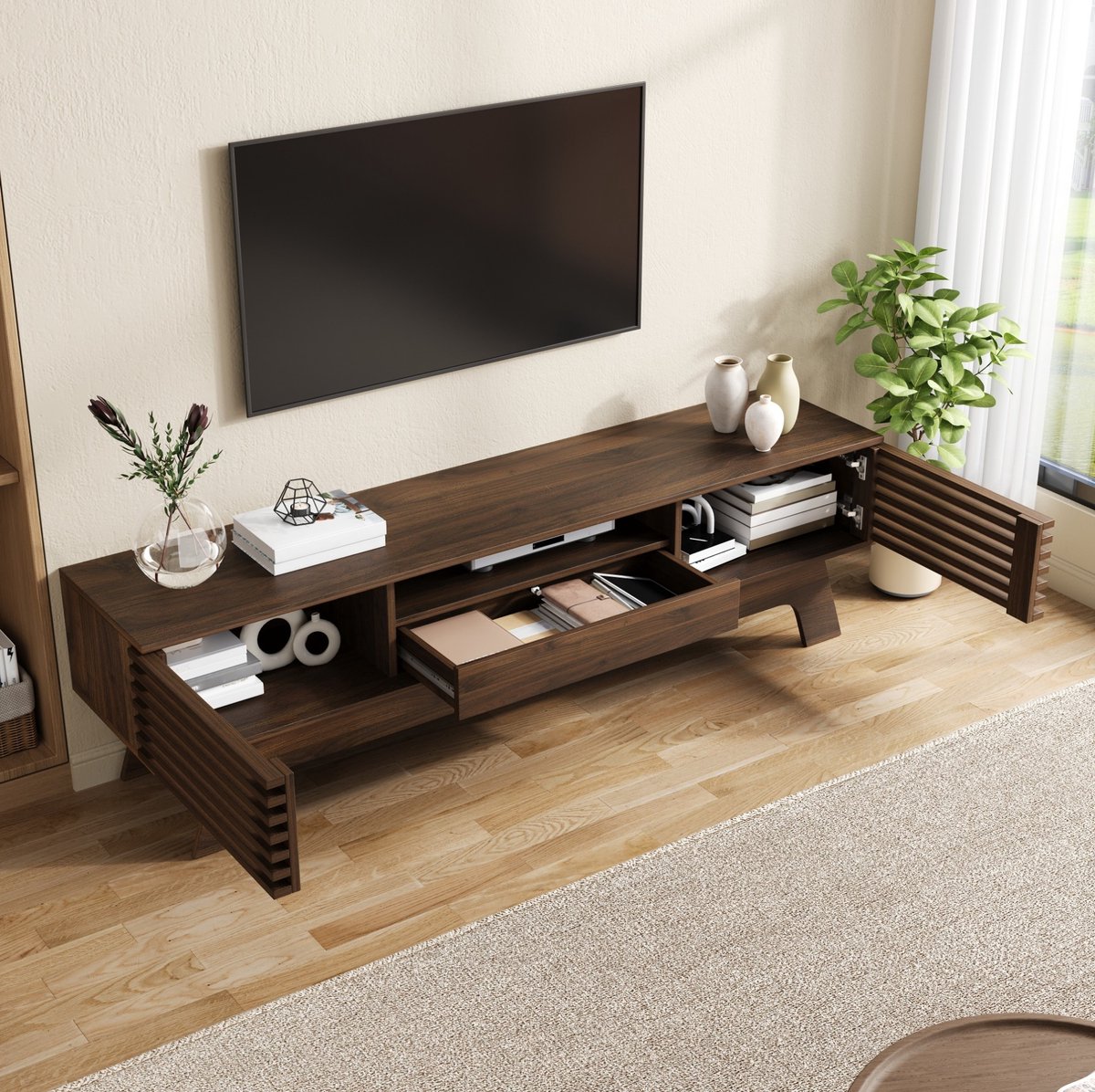FloraGrace TV Meubel - Lameldeuren Met Lade En Kabeldoorvoer - Voor De Woonkamer - MDF - 150 x 35 x 44 cm - Walnootkleur