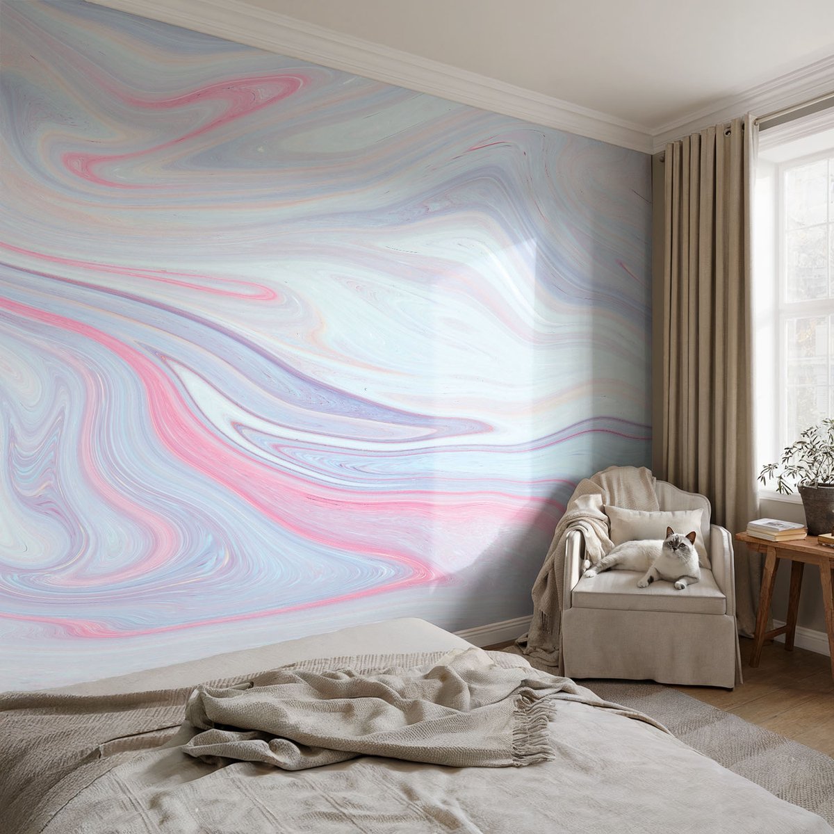 Coloray Vliesbehang - Blauw Snellijm Behang - 104x70 cm - Pastelkleurige Werveling Muurschildering - Slaapkamer behang Abstractie - Fotobehang Vlies - Slaapkamer behang