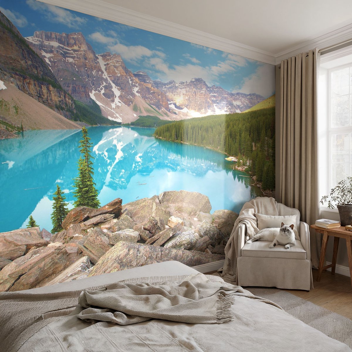 Coloray Vliesbehang - Blauw Snellijm Behang - 104x70 cm - Blauw Meer Muurschildering - Slaapkamer behang Landschappen - Fotobehang Vlies - Slaapkamer behang
