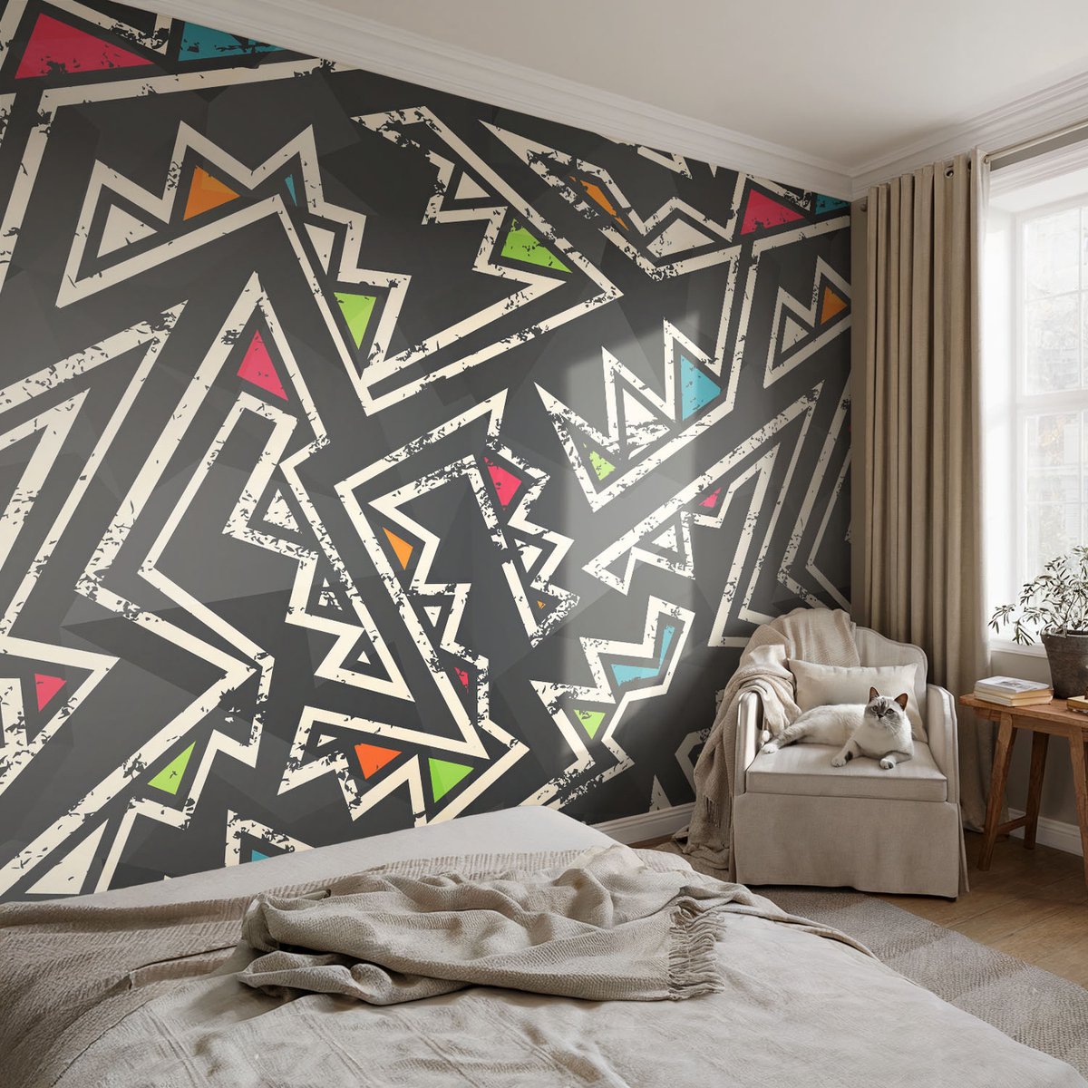 Coloray Vliesbehang - Zwart Snellijm Behang - 104x70 cm - Energetische Geometrie Fotobehang Vlies - Woonkamer behang Abstractie - Muurschildering - Woonkamer behang
