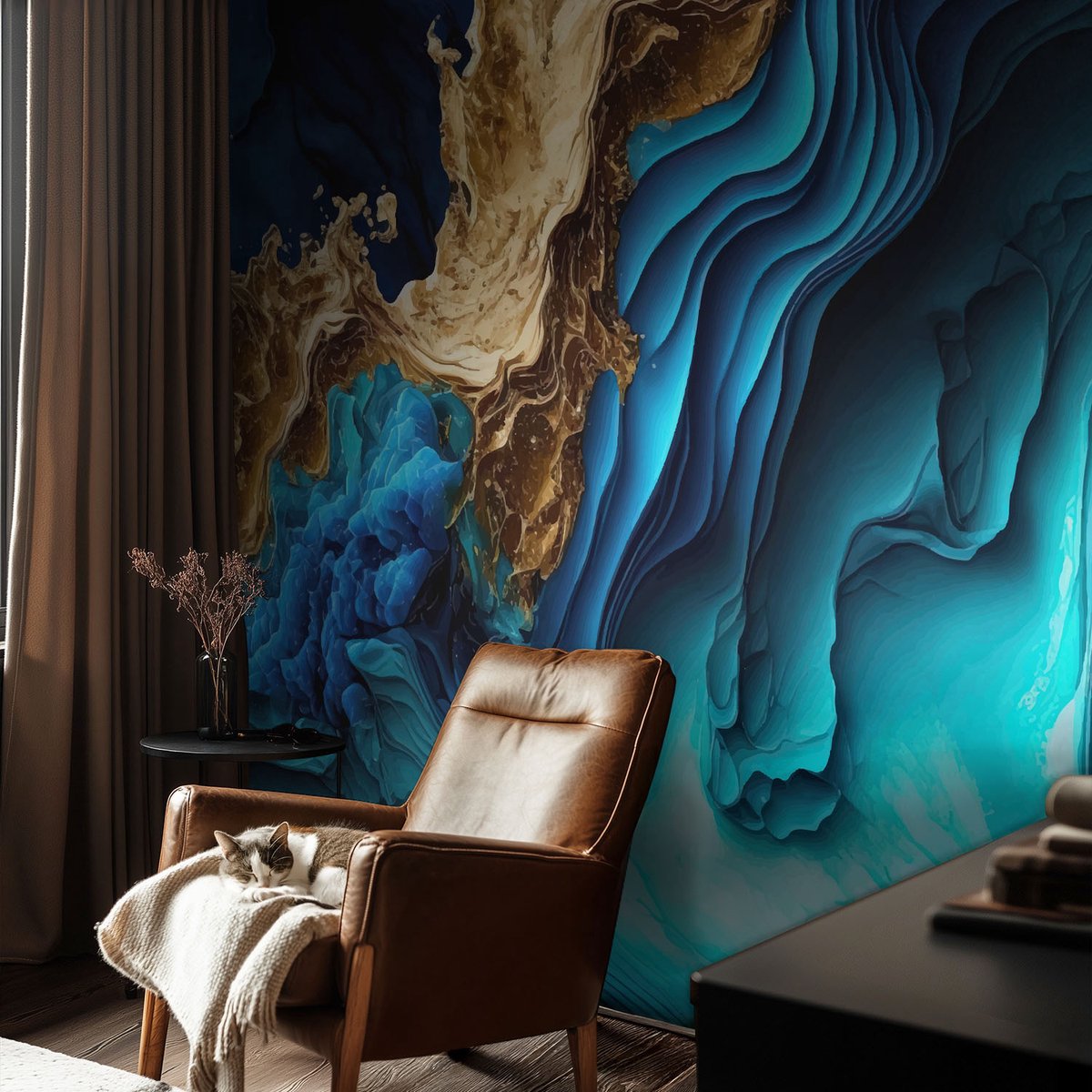 Coloray Vliesbehang - Blauw Snellijm Behang - 104x70 cm - Energiegolven Muurschildering - Slaapkamer behang Abstractie - Fotobehang Vlies - Gang behang
