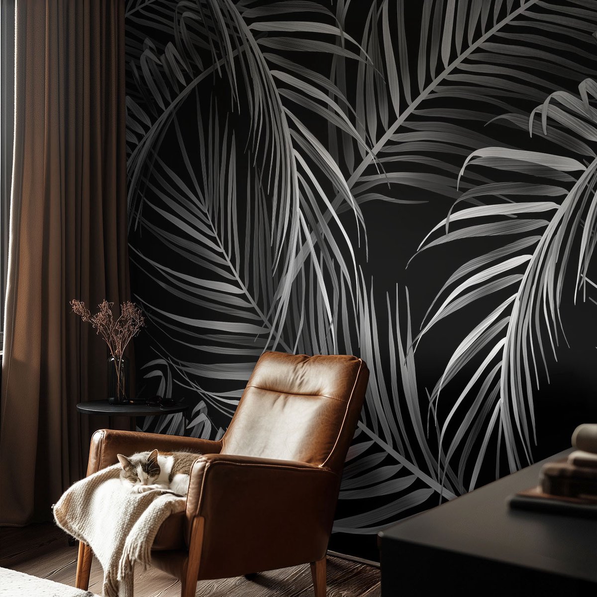 Coloray Vliesbehang - Zwart Snellijm Behang - 104x70 cm - Exotisch Patroon Fotobehang Vlies - Woonkamer behang Bloemen En Planten - Muurschildering - Hal behang