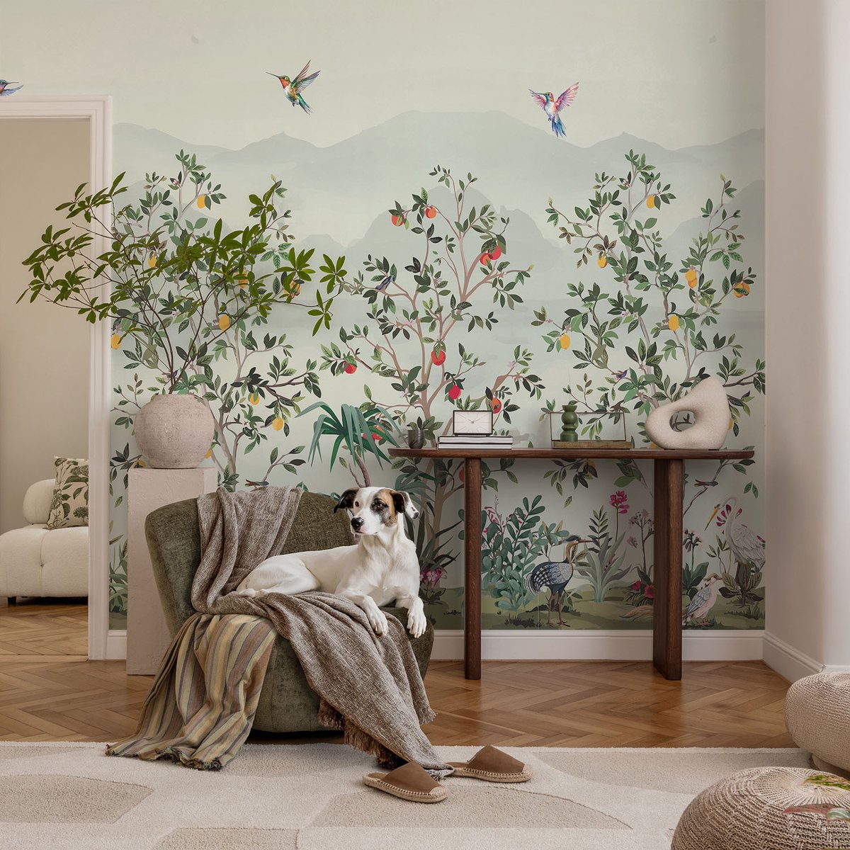 Coloray Vliesbehang - Grijs Snellijm Behang - 104x70 cm - Exotische Bomen Muurschildering - Slaapkamer behang Bloemen En Planten - Fotobehang Vlies - Slaapkamer behang