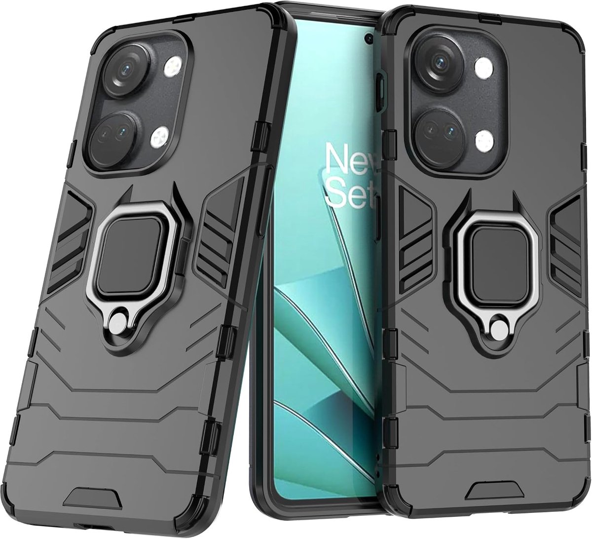 Case voor Oneplus Nord 3 Schokbestendige Beschermhoes met 360° Draaibare Ring Kickstand Bumper Shell Metalen Ringsteun Armor Shockproof Cover (Oneplus Nord 3, Zwart)