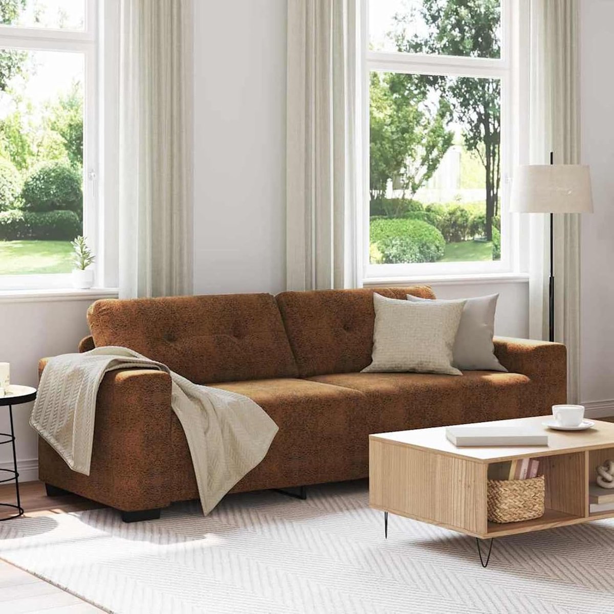 Sofa met kussen bruin kunstleer en hout, woonkamer gestoffeerde bank voor appartement kantoor logeerkamer slaapkamer 4105144